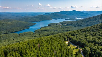 Obraz premium Aerial View of Stunning Mountain Landscape with Lush Forests, Serene Lakes, and Clear Skies Captured by Drone Photography for Nature Enthusiasts and Adventure Seekers