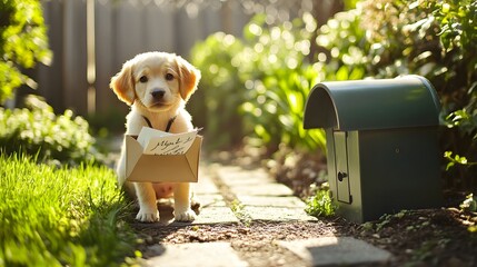 A puppy with a tiny mailbag delivering letters to a toy mailbox in a sunny backyard.