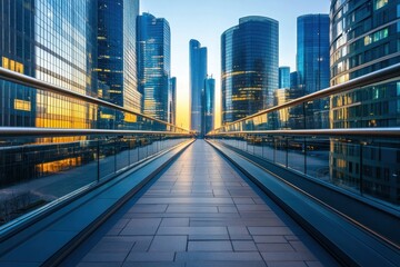 Fototapeta premium Modern urban pathway surrounded by sleek steel structures city center photography sunset environment perspective reflecting urban development concept