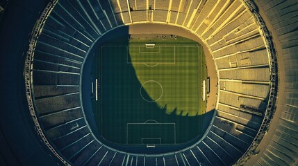 Aerial view of a soccer stadium showcasing the field and surrounding seating areas.