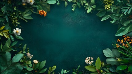 A rich green background with leaves twigs and flowers forming a wreath-like border around the empty middle.
