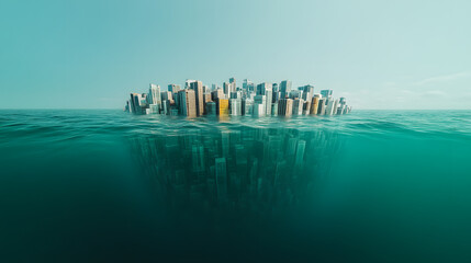 Submerged urban landscape a drowned city beneath waves ocean digital art surrealism aerial view environmental themes