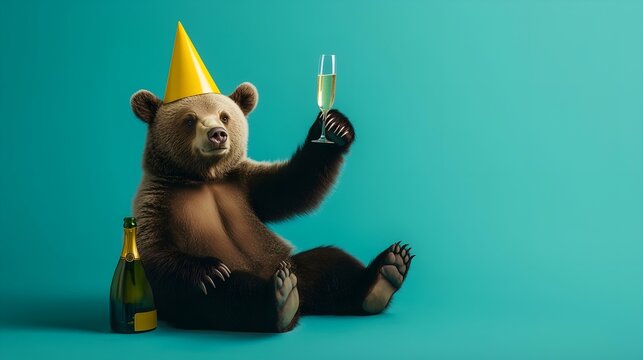 A cheerful bear wearing a party hat, holding a champagne glass, and sitting next to a bottle on a teal background.