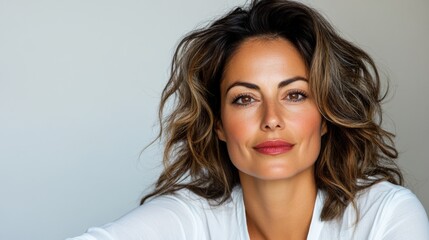 Naklejka premium A woman with brown hair and brown eyes is smiling for the camera. She is wearing a white shirt and has a red lipstick on