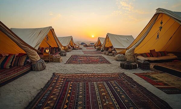 Desert Oasis with Plush Tents and Ornate Rugs Under Sunrise