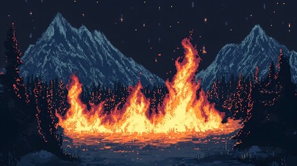 Naklejka premium A dramatic pixel art forest fire burns intensely with flames rising against dark mountains and a starry night sky.