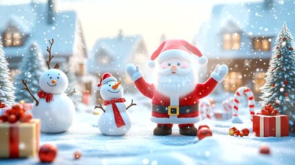 a scene with Santa, a snowman, and reindeer in a playful winter. Seamless looping time-lapse virtual 4k video animation background