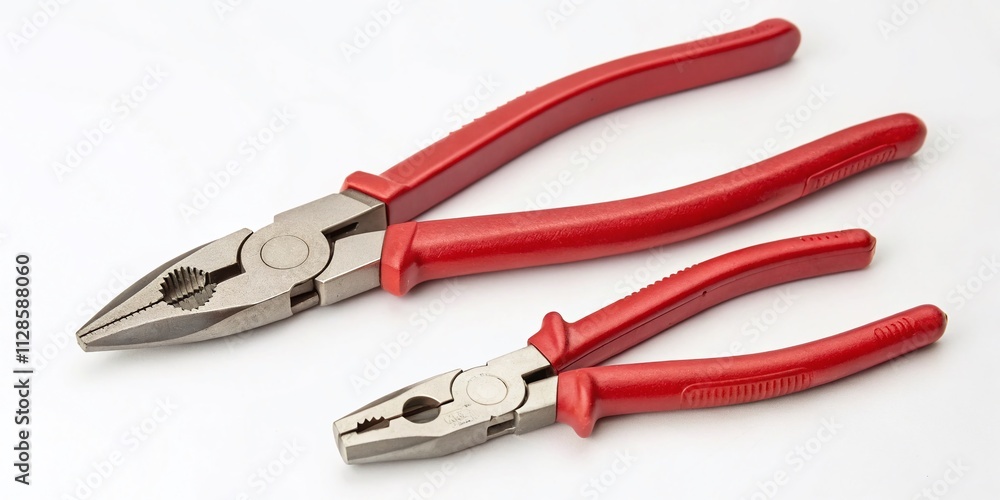 Poster Aerial View of Two Pliers with Red Insulating Handles on a White Background for Tool and Hardware Stock Photo Collection