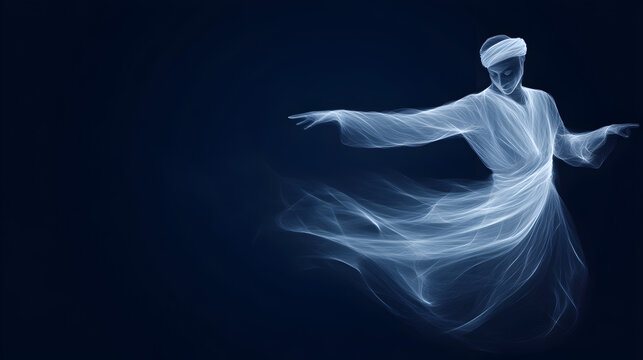 An abstract design of a Sufi whirling dervish, with flowing lines representing spiritual movement. Whirling dervish illustration.