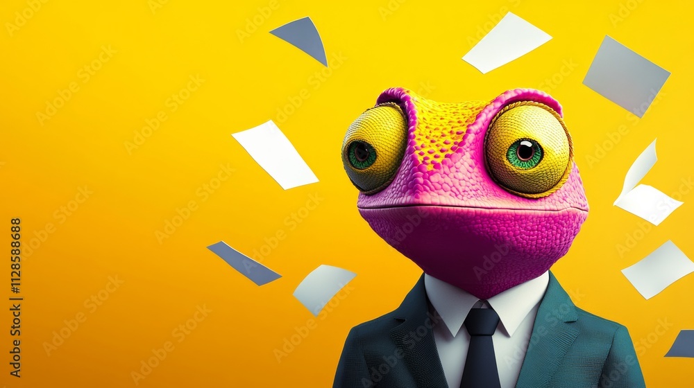 Poster frog wearing a suit and tie is surrounded by paper. the frog's eyes are wide open, and it is in a st