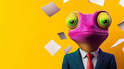 Frog wearing a suit and tie is standing in front of a yellow background. The frog's face is surrounded by paper, giving the impression of a chaotic and disorganized environment