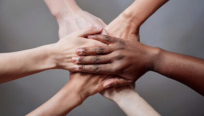 Hands of diverse individuals stacked together, symbolizing unity and teamwork Generative AI