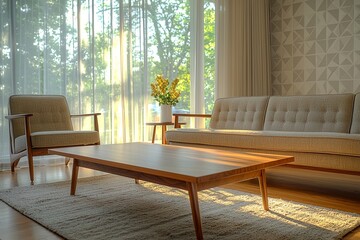 Minimalist, a japandi interior photo of a modern living room with windows visible and sofas and tables visible. Generative AI
