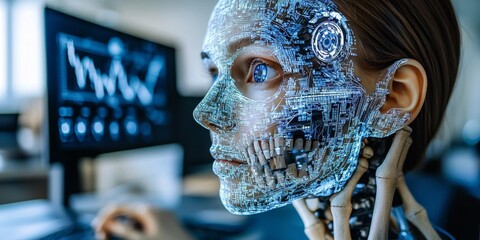 AI Cyborg Futuristic Technology Stock Market Hologram Office Person Digital Overlay Computer Screen