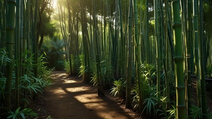 Obraz premium Sunlit Path Through Lush Green Bamboo Forest