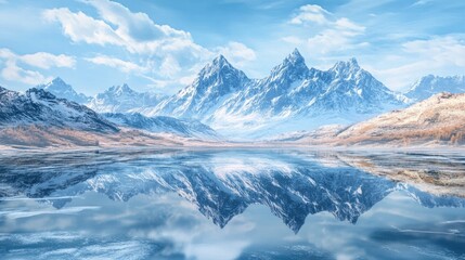 Majestic snow-capped mountains reflected in a serene lake under a vibrant sky.