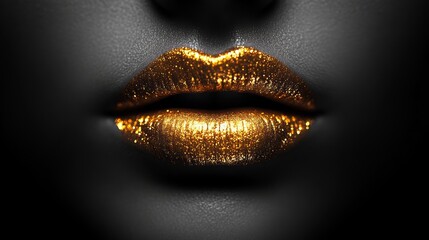 Woman's lips are painted gold and covered in glitter. The image is black and white, giving it a dramatic and bold look. The gold lips stand out against the dark background