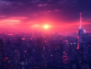 Obraz premium Futuristic Cityscape Sunset Vibrant Hues Illuminates Towers