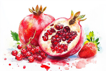 Watercolor painting of pomegranate, strawberry, and redcurrant for valentine's day