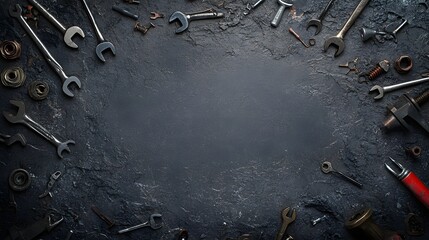 A slate gray background with scattered mechanical tools like wrenches bolts and screwdrivers framing the blank center.