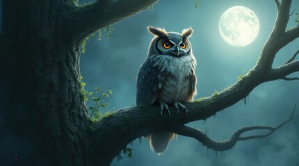 Wise Owl Perched on Ancient Tree Branch