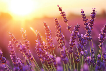 Vibrant lavender fields at sunset with sunlight and colorful blooms