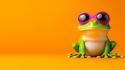 Frog wearing sunglasses and a pink hat is sitting on an orange background. The frog is the main focus of the image, and the bright orange background adds a sense of warmth and energy to the scene