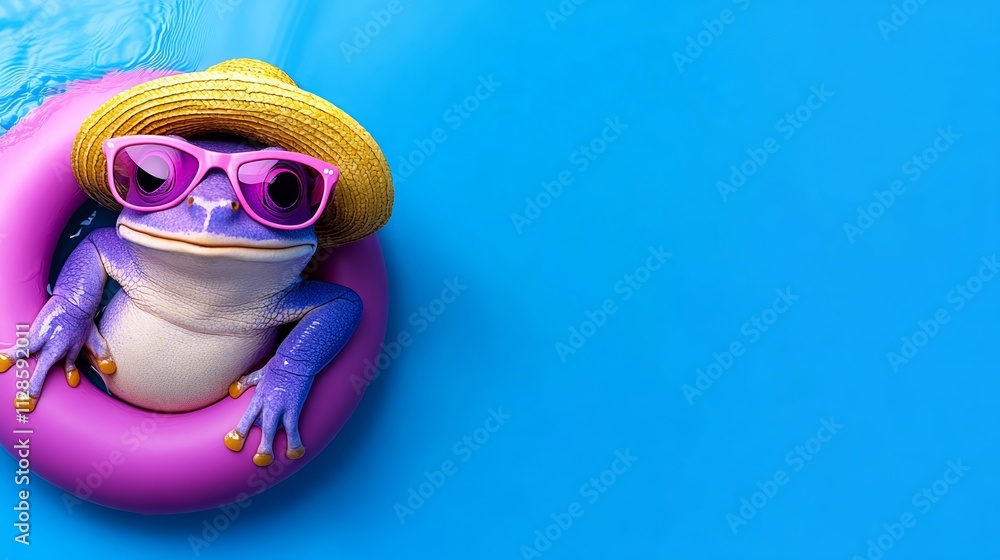 Poster frog wearing sunglasses and a hat is floating in a pool. the image has a fun and playful mood, as th