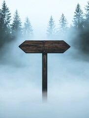 Naklejka premium A wooden signpost stands amidst a foggy forest, surrounded by tall trees, evoking a sense of mystery and adventure.
