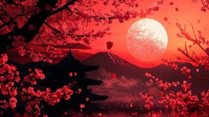 Japanese painting cherry blossom. Selective focus.