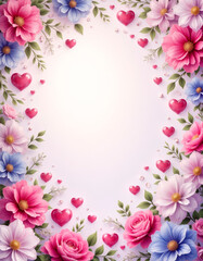 Floral frame for greeting cards, invitations, stationary decorated with colorful spring flowers and hearts. Illustration with copy space for your text