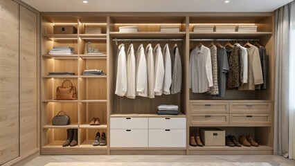 A beautifully minimalist wardrobe space with soft wood accents showcasing a selection of everyday wear. Hanging blouses in light fabrics hang with precision while organized drawers