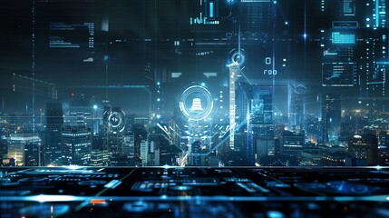 A futuristic city skyline at night with digital information overlays, highlighting technological advancements and innovation.