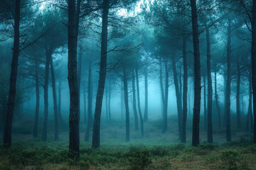 Fototapeta premium Mysterious foggy forest with tall pines in tranquil morning light