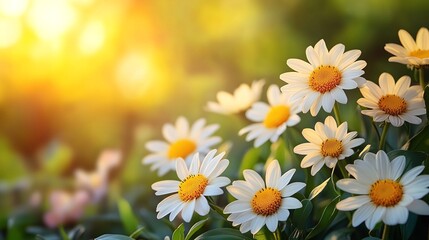 Fototapeta premium Sunlit Daisies: A cluster of delicate white daisies bask in the golden glow of the setting sun, their yellow centers a vibrant contrast against the soft green foliage.