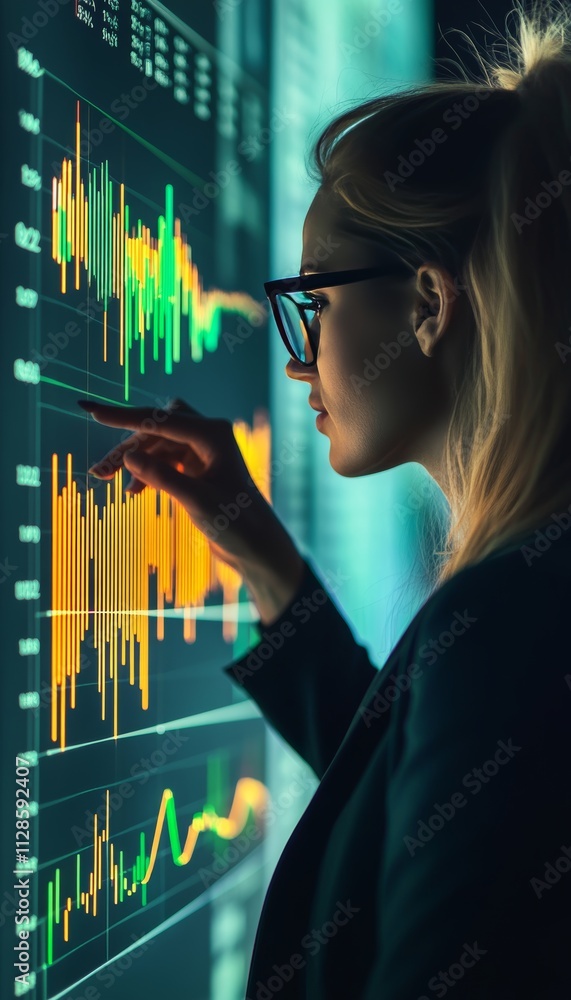 Poster businesswoman analyzing financial data on digital interface data-driven decisions in action
