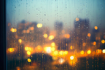 Fototapeta premium Rain-drenched window overlooking blurry cityscape night lights