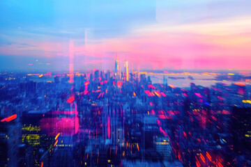 Fototapeta premium Vibrant abstract blurred cityscape at sunset overlooking colorful urban skyline