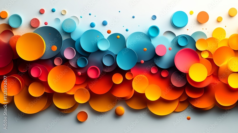 Poster colorful abstract design of circles in various shades of red, blue, and yellow. the circles are arra