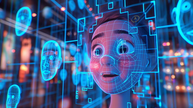 cartoon characters interacting with face recognition technology  - Powered by Adobe