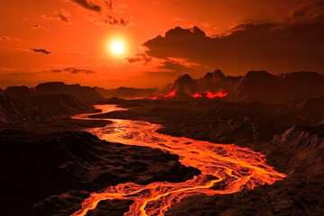 Fototapeta premium Dramatic sunset over flowing lava river in volcanic landscape