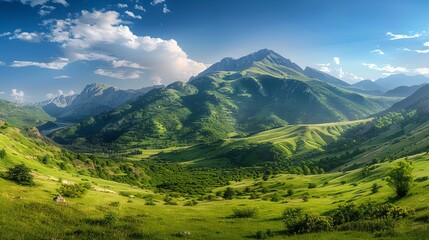 Naklejka premium A scenic view of a lush green valley with mountains in the distance, on a sunny day with white clouds.