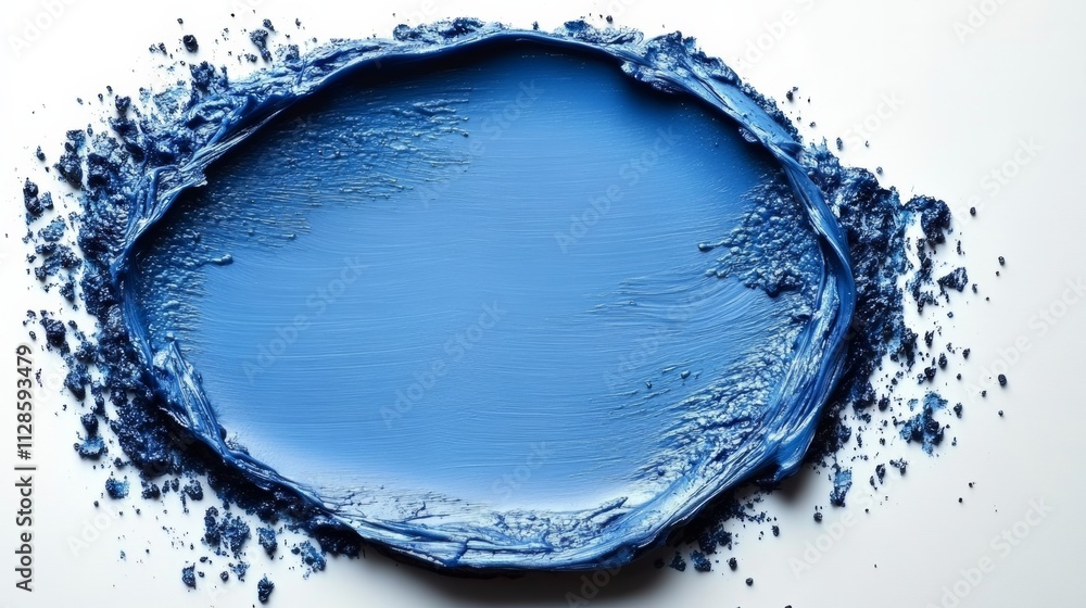 Poster blue paint splatter with a white background. the splatter is in the shape of a circle