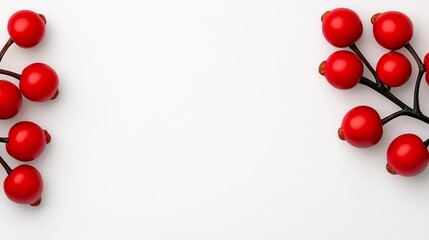 Close up of red berries on a white background. The berries are arranged in a way that creates a sense of balance and harmony. The image evokes a feeling of freshness and vitality