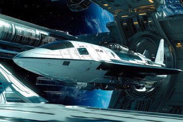 Futuristic spacecraft docking at a large space station in orbit