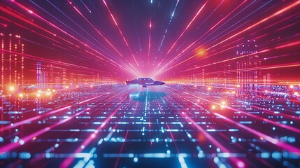 Obraz premium A futuristic spaceship flying over a neon grid landscape.
