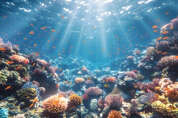 Fototapeta premium Vibrant Coral Reef Underwater Scene with Sunlit Aquatic Life