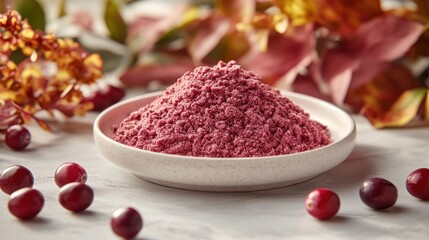 Close-up of cranberry powder in bowl with fresh cranberries and autumn leaves.