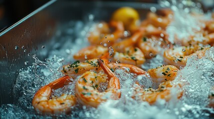 Close-up of cooked shrimp on ice.