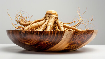 Fototapeta premium Front view of premium korean ginseng roots arranged in a rustic wooden dish on a natural brown background, capturing the essence of traditional herbal medicine, wellness, and holistic healing.